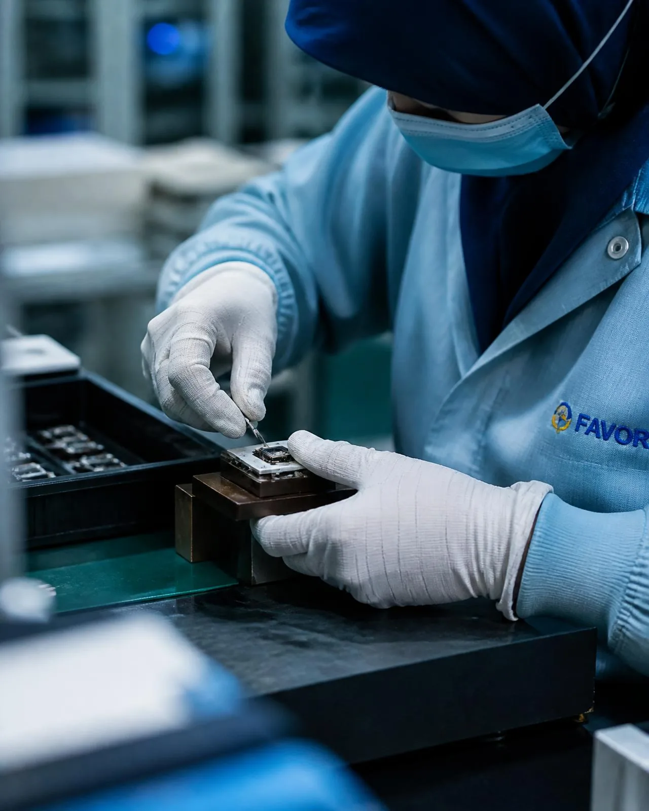 Kerja pemasangan komponen elektronik di meja kerja kilang