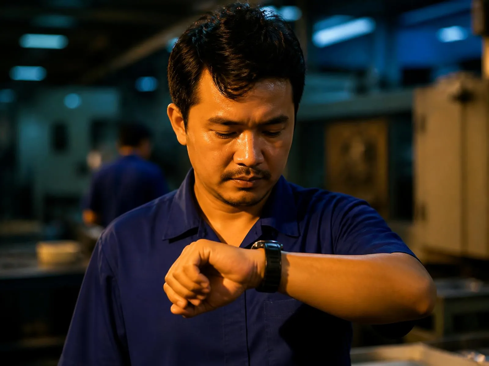 Pekerja kilang menyemak jam tangan semasa shift malam